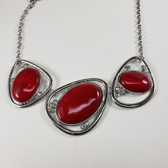 RSVP Silver Tone Statement Necklace – Red Oval Crystals & Hoop Accents – Women’s - Picture 9 of 12